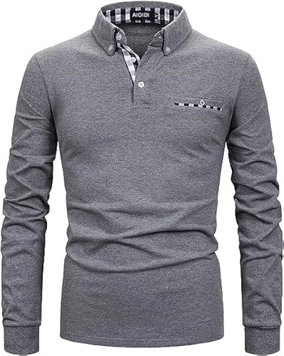 AIOIDI Herren Baumwolle Langarm Poloshirt Tennis Basic Golf Polo Shirt A-Grau XL von AIOIDI