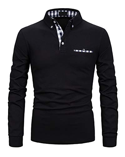 AIOIDI Herren Baumwolle Langarm Poloshirt Tennis Basic Golf Polo Shirt A-Schwarz L von AIOIDI