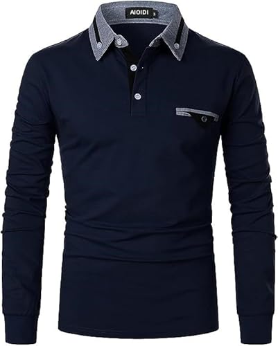 AIOIDI Herren Baumwolle Langarm Poloshirt Tennis Basic Golf Polo Shirt C-Blau S von AIOIDI