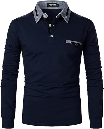 AIOIDI Herren Baumwolle Langarm Poloshirt Tennis Basic Golf Polo Shirt C-Blau XXL von AIOIDI