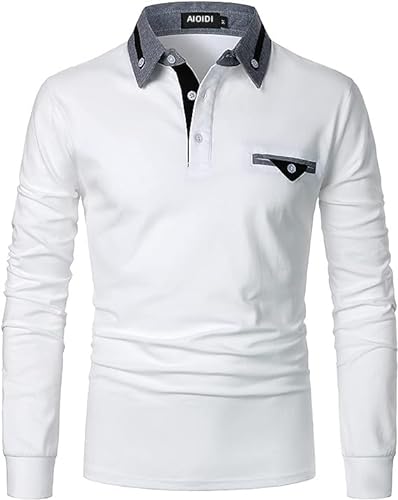 AIOIDI Herren Baumwolle Langarm Poloshirt Tennis Basic Golf Polo Shirt C-Weiß M von AIOIDI