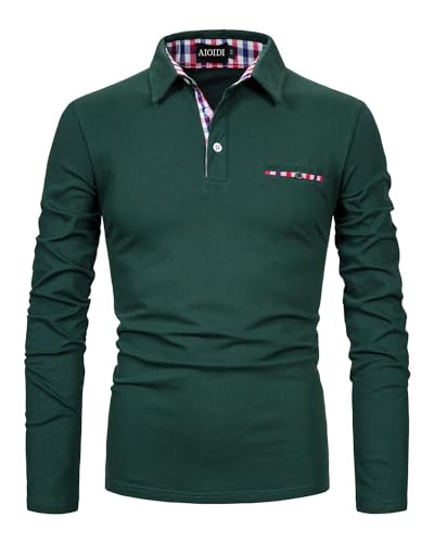 AIOIDI Herren Plaid Baumwolle Poloshirt Langarm Basic Tennis Polohemd Polo Grün 3XL von AIOIDI