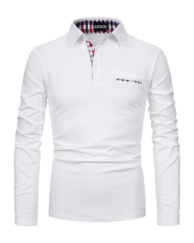 AIOIDI Herren Plaid Baumwolle Poloshirt Langarm Basic Tennis Polohemd Polo Weiß S von AIOIDI