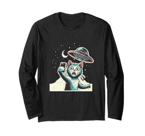 Alien Cat Selfie mit UFO lustige Katze für Männer Frauen Kinder Langarmshirt von IVRY