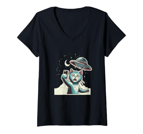 Damen Alien Cat Selfie mit UFO lustige Katze für Männer Frauen Kinder T-Shirt mit V-Ausschnitt von IVRY
