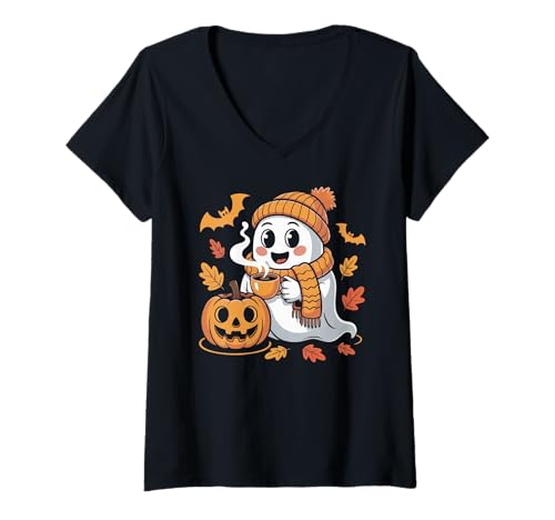 Damen Lustiger süßer Geist trinkt Kaffee Halloween Geist EIS Kaffee T-Shirt mit V-Ausschnitt von IVRY