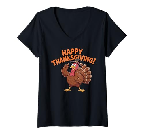 Damen Lustiges Dabbing Truthahn Thanksgiving Day Pilger Jungen Herren Kinder T-Shirt mit V-Ausschnitt von IVRY