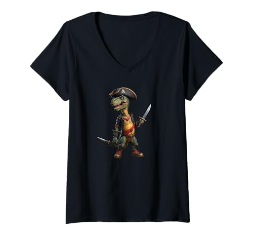 Damen Lustiges Halloween Jungen Kinder Männer Kleinkinder Dinosaurier Trex Pirat T-Shirt mit V-Ausschnitt von IVRY