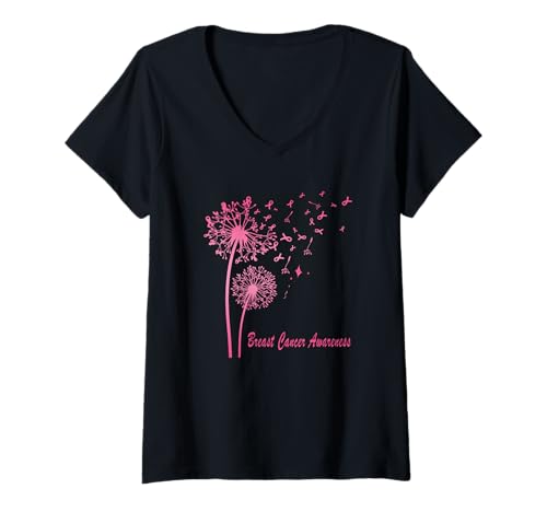 Damen Rosa Schleife Löwenzahn Brustkrebs Bewusstsein Männer Frauen Kinder T-Shirt mit V-Ausschnitt von IVRY