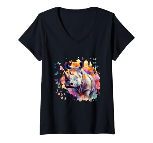 Damen Spritzfarbe Nashorn Illustration Neuheit Grafik Designs T-Shirt mit V-Ausschnitt von IVRY