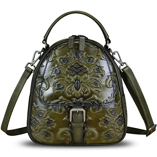 Echtes Leder Umhängetasche für Frauen Geprägtes Leder Top Griff Handgemachte Geldbörse Vintage Handtaschen Cabrio Rucksack, Grün von IVTG