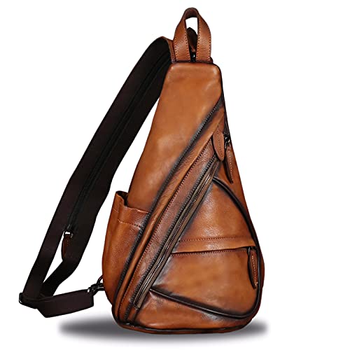 IVTG Sling Bag Echtes Leder Umhängetasche Brusttasche Crossbody Side Bag Echtleder Brusttasche Brustbeutel Schultertasche Schulter Für Bergsteigen W0722 (Braun) von IVTG