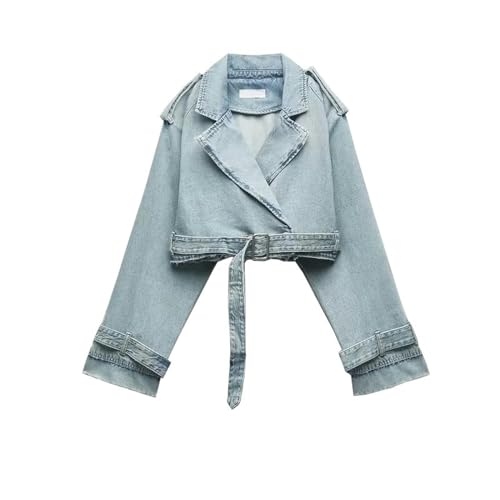 2023 Sommer Neue Retro Gewaschen Distressed Gürtel Revers Lose Denim Kurze Jacke-Blau-S von IVYARD