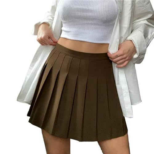 Frauen Hohe Taille Faltenrock Sommer Herbst Lässige Kawaii A-Linie Plaid Röcke Japanische Schuluniform Miniröcke-Dunkelbraun-M von IVYARD