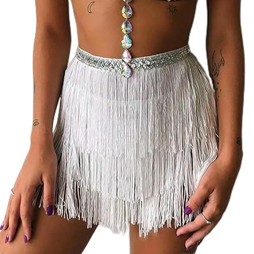 Quasten Pack Hüfte Frauen Kleidung Schulmädchen Kurzer Rock Einheitsgröße Farbe Pailletten Hohe Taille Elastischer Weiblicher Partyrock-Weiß-Einheitsgröße von IVYARD