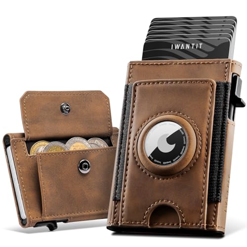 IWANTIT Airtag Wallet mit Münzfach, Leder Smart Slim Pop Up Geldbörse, RFID Schutz Geldbeutel Portmonee Herren Kartenetui für Männer (Braun) von IWANTIT