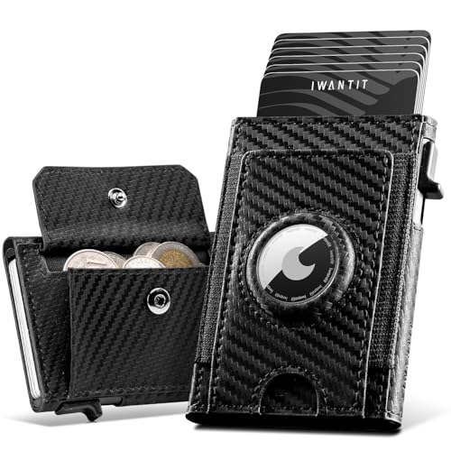 IWANTIT Slim Airtag Wallet, Geldbörse mit Münzfach, Leder Smart Pop Up Geldbörse, RFID Schutz Geldbeutel Portmonee Herren Kartenetui für Männer (Carbon) von IWANTIT