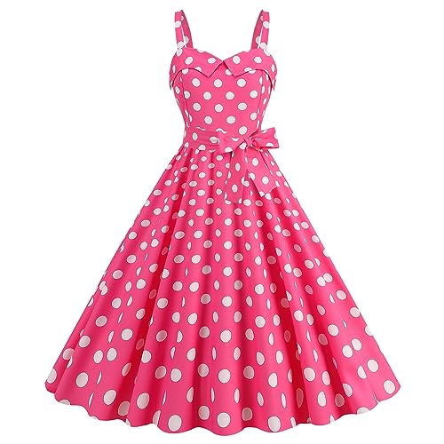 IWEMEK 1950er Jahre Kleider für Frauen Vintage Retro Cocktail Party Swing Kleider Neckholder Floral Rockabilly 50er Jahre Polka Dot Pin Up Kleid, Hot Pink - Bowknot, Mittel von IWEMEK