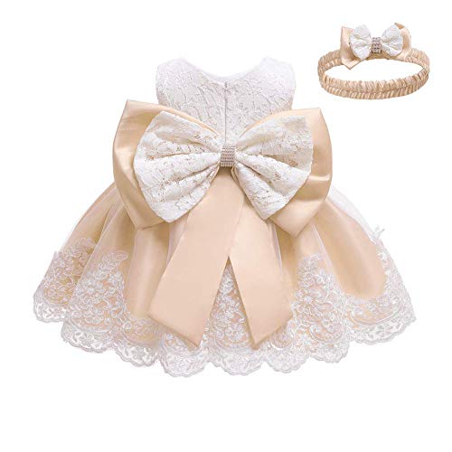 Baby Kinder Mädchen Bestickt Tüll Bowknot Spitze Kleid Blume Prinzessin Geburtstag Party Hochzeit Festlichkleid Taufkleid Formale Festzug Babykleidung Mit Stirnband Weiß + Champagner 12-18 Monate von IWEMEK