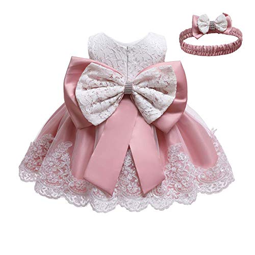 Baby Kinder Mädchen Bestickt Tüll Bowknot Spitze Kleid Blume Prinzessin Geburtstag Party Hochzeit Festlichkleid Taufkleid Formale Festzug Babykleidung Outfits Mit Stirnband 02 Bohnenrosa 9-12 Monate von IWEMEK