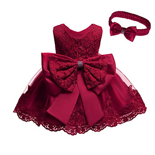 IWEMEK Baby Kinder Mädchen Bestickt Tüll Bowknot Spitze Kleid Blume Prinzessin Geburtstag Party Hochzeit Festlichkleid Taufkleid Formale Festzug Babykleidung Outfits Mit Stirnband Burgund 9-12 Monate von IWEMEK