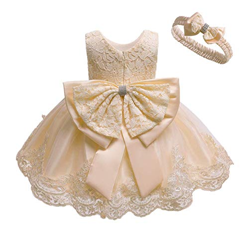 Baby Kinder Mädchen Bestickt Tüll Bowknot Spitze Kleid Blume Prinzessin Geburtstag Party Hochzeit Festlichkleid Taufkleid Formale Festzug Babykleidung Outfits Mit Stirnband Champagner 9-12 Monate von IWEMEK