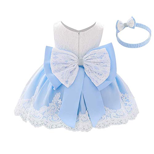 Baby Kinder Mädchen Bestickt Tüll Bowknot Spitze Kleid Blume Prinzessin Geburtstag Party Hochzeit Festlichkleid Taufkleid Formale Festzug Babykleidung Outfits Mit Stirnband Hellblau 9-12 Monate von IWEMEK