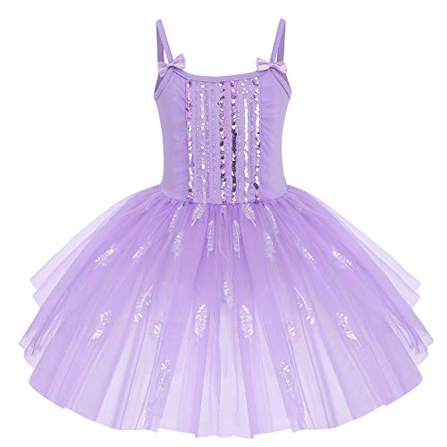 Ballettkleidung Ballettkleid Mädchen Ärmellos Spaghettiträger Pailletten Feder Balletttrikot Tütü Kleid Kinder Ballerina Tanzkleid Ballettanzug Tanzbody Tüllrock Gymnastikanzug Violett 3-4 Jahre von IWEMEK