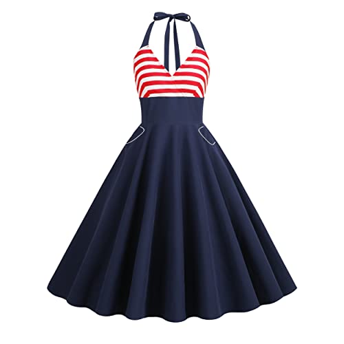 Damen 50er 60er Jahre Vintage Ärmellos Polka Dot Cocktail Swing Kleid Retro Audrey Hepburn Patchwork Midi Abend Rockabilly Kleid, Rot und Marineblau, Groß von IWEMEK