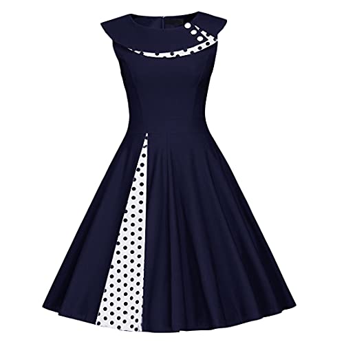 Damen 50er 60er Jahre Vintage Ärmelloses Polka Dot Cocktail Swing Kleid Retro Audrey Hepburn Patchwork Midi Abend Rockabilly Kleid, marineblau, X-Groß von IWEMEK