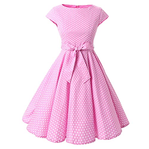 Damen 50er 60er Vintage Rockabilly V-Ausschnitt Cocktail Swing Kleid Polka Dot 1950er Retro Audrey Hepburn Ausgestelltes Skater Ballkleid, Pink-little Polka, Mittel von IWEMEK