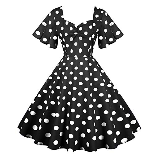 Damen 50er 60er Vintage Rockabilly V-Ausschnitt Cocktail Swing Kleid Polka Dot 1950er Retro Audrey Hepburn Flared Skater Ballkleid, Schwarz gepunktet, XX-Large von IWEMEK