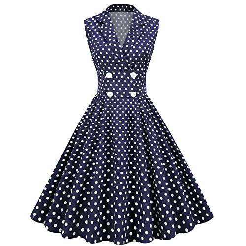 Damen 50er 60er Vintage ärmelloses Cocktailkleid Swing Kleid 1950er Jahre Polka Dot Floral Audrey Rockabilly Abschlussball Party Kleid mit Gürtel, Marineblau-gepunktet, XX-Large von IWEMEK