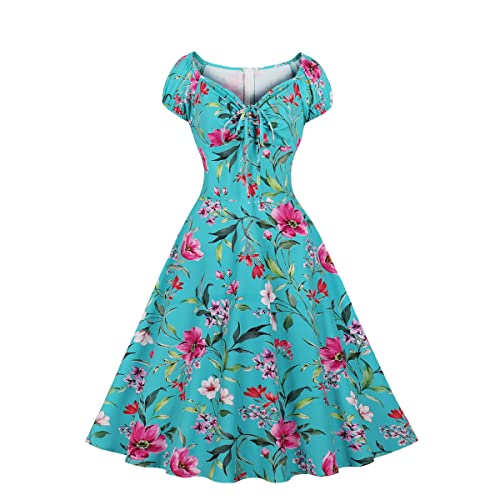 Damen 50er 60er Vintage ärmelloses Cocktailkleid Swing Kleid 1950er Jahre Polka Dot Floral Audrey Rockabilly Abschlussball Partykleid mit Gürtel, Blau-V-Ausschnitt, Groß von IWEMEK