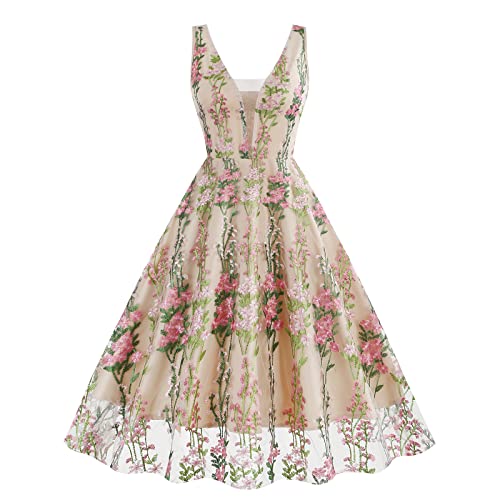 Damen Kleid mit Schlüssellochausschnitt, Blumenstickerei, durchsichtiges Netzgewebe, Illusion, Vintage-Cocktailkleid, Swing-Kleid, Hochzeit, Party, Abschlussball, Abendkleid, Aprikosenrosa Blume, Groß Damen Kleid mit Schlüssellochausschnitt, Blumenstickerei, durchsichtiges Netzgewebe, Illusion, Vintage-Cocktailkleid, Swing-Kleid, Hochzeit, Party, Abschlussball, Abendkleid, Aprikosenrosa Blume, Groß von IWEMEK