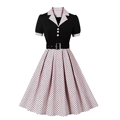 Damen Kurzarm 1950er Retro Vintage Cocktail Party Swing Kleid Polka Dot Audrey Kleid Casual A-Linie Arbeitskleid mit Gürtel, Schwarz / Pink, Groß von IWEMEK