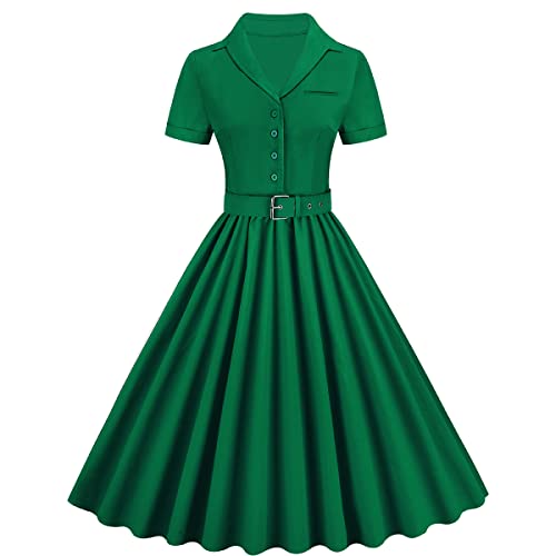 Damen Notch Revers Vintage V-Ausschnitt Cocktail Swing Kleid 50er 60er Jahre Button up 1950er Rockabilly Abschlussball Midi Abendkleid mit Taschen, Drak Green-Gürtel, Mittel von IWEMEK