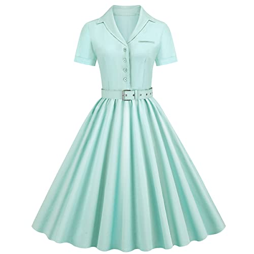 Damen Notch Revers Vintage V-Ausschnitt Cocktail Swing Kleid 50er 60er Jahre Button up 1950er Rockabilly Abschlussball Midi Abendkleid mit Taschen, Leichter Grrengürtel, Mittel von IWEMEK