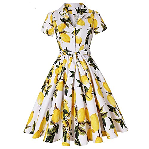 Damen Notch Revers Vintage V-Ausschnitt Cocktail Swing Kleid 50er 60er Jahre Knopf Up 1950er Rockabilly Prom Midi Abendkleid mit Taschen, Gelbe Zitrone., X-Groß von IWEMEK