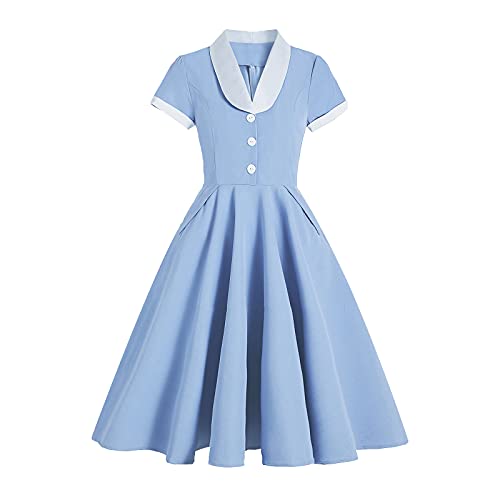 Damen Notch Revers Vintage V-Ausschnitt Cocktail Swing Kleid 50er 60er Jahre Knopf Up 1950er Rockabilly Prom Midi Abendkleid mit Taschen, hellblau, XX-Large von IWEMEK