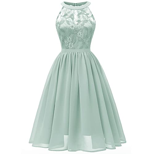 Damen Vintage Neckholder Floral Spitze Hi-Lo Rückenfrei Brautjungfernkleid A-Linie Kurz Prom Retro Cocktail formell Swing Kleid - Gr�n - Mittel von IWEMEK