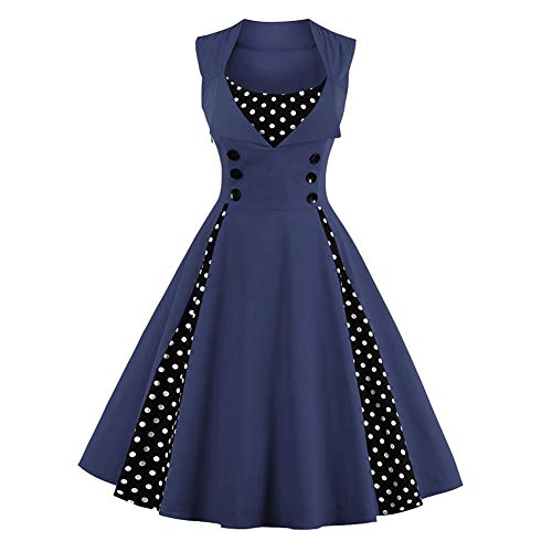 Damen Vintage Polka Dot 1950er Rockabilly Neckholder Audrey Kleid Retro Floral Abend Cocktail Swing Kleid, 02#Navy Blue, Groß von IWEMEK