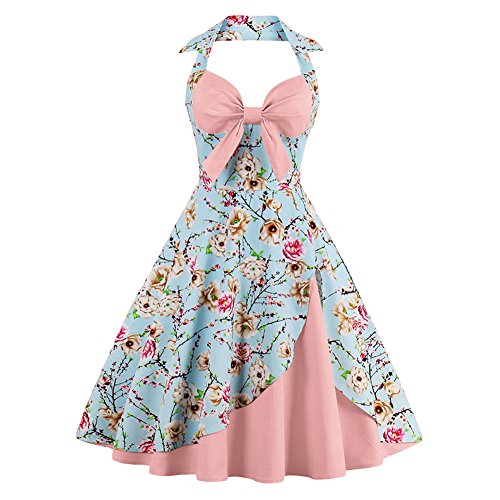 Damen Vintage Polka Dot 1950er Rockabilly Neckholder Audrey Kleid Retro Floral Abend Cocktail Swing Kleid, Blasses Pink, X-Groß von IWEMEK