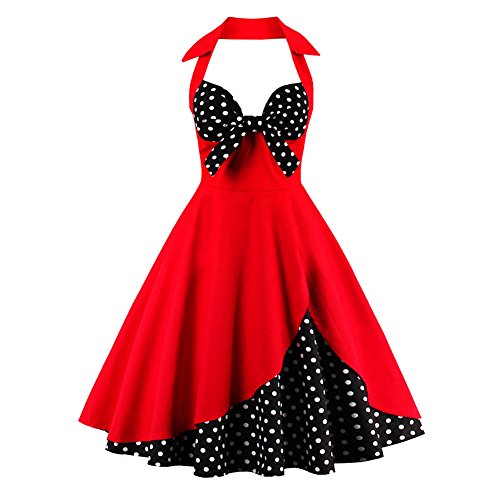 Damen Vintage Polka Dot 1950er Rockabilly Neckholder Audrey Kleid Retro Floral Abend Cocktail Swing Kleid, Rot mit Punkten, X-Groß von IWEMEK