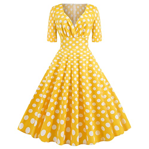 Damen Zweireihiges Kerbe Revers 50er Jahre Vintage Kurzarm Cocktail Swing Kleid Polka Dot 1950er Rockabilly Abschlussball Midi Kleid, Gelb-gepunktet, Klein von IWEMEK
