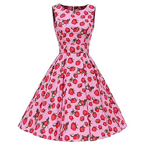 Frauen 50er 60er Jahre Vintage Ärmellos Cocktail Swing Kleid 1950er Jahre Polka Dot Floral Audrey Rockabilly Abschlussball Party Kleid mit Gürtel, Rose Strawberry, Mittel von IWEMEK