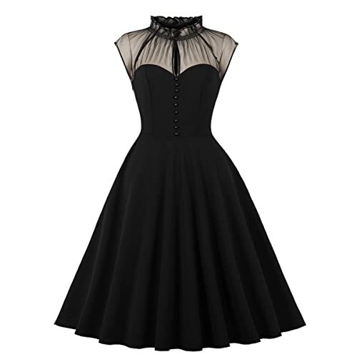 Frauen Mesh Blumenstickerei Vintage Cocktail Swing Kleid Illusion 50er Jahre Goth Ausgestellt A Linie Casual Hochzeit Prom Abendkleid, Schwarzer Schatz, Mittel von IWEMEK