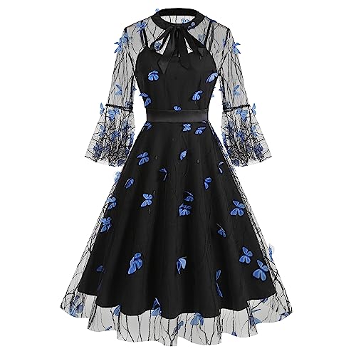 IWEMEK Frauen Mesh Blumenstickerei Vintage Cocktail Swing Kleid Illusion 50er Jahre Goth Ausgestellt A Linie Casual Hochzeit Prom Abendkleid, blau mit schmetterlingen, XX-Large von IWEMEK