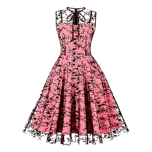 Frauen Mesh Blumenstickerei Vintage Cocktail Swing Kleid Illusion 50er Jahre Goth Ausgestellt A Linie Casual Hochzeit Prom Abendkleid, wassermelone, Groß von IWEMEK
