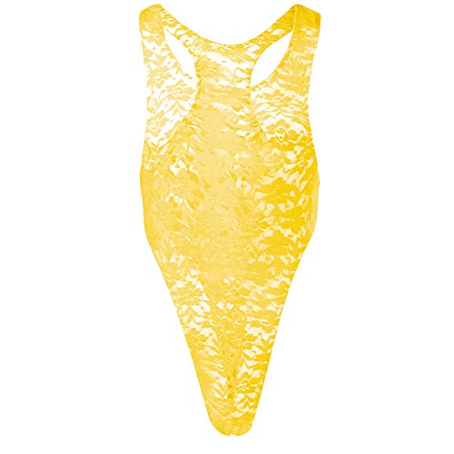 Herren Spitzenbody Rückenfrei Einteiler Stringbody Bodysuit Männerbody Overall Reizwäsche Männer Body Spitze Unterwäsche Shirt Tops Unterhemd Gelb L von IWEMEK